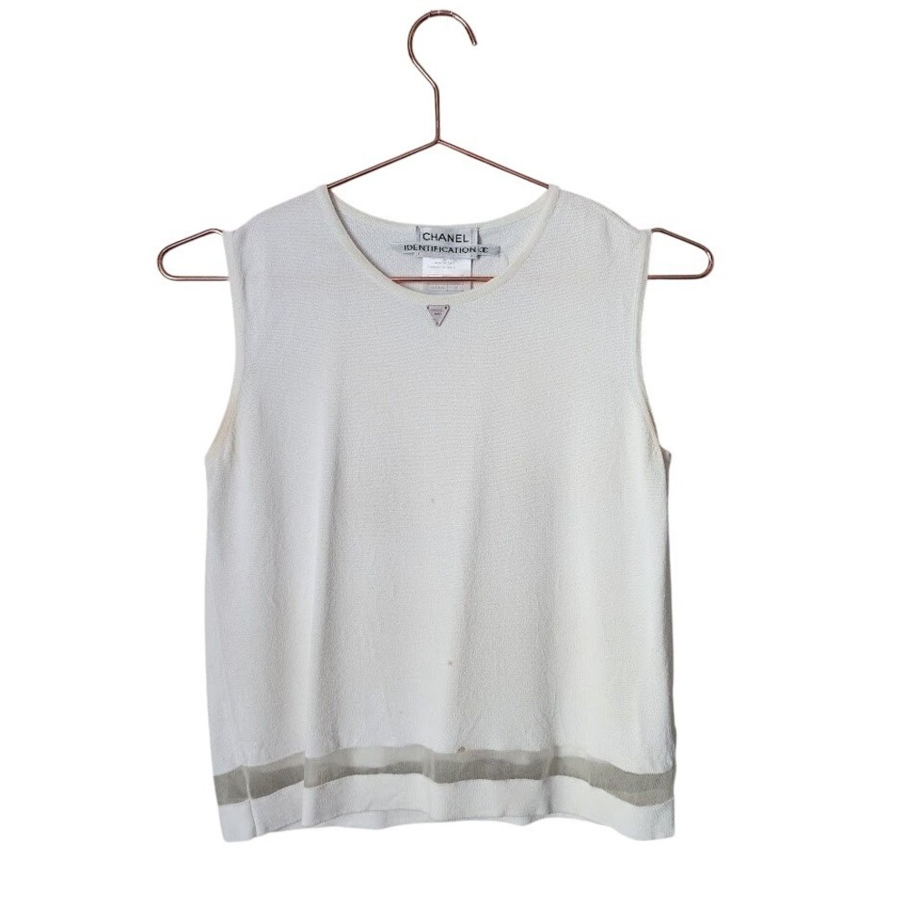 CHANEL 2000 Y2K‎ CC Logo Sleeveless Knit Top Sheer Hem Ecru Vintage size 40